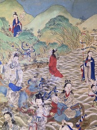 Chinese school, ink and color on canvas: 'Mountainous landscape with goddesses, mythical animals and boys', 19/20th C.